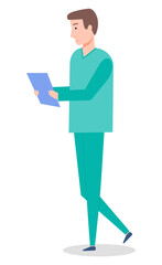 A man doctor holding a clip board isolated on white. Male character wearing medical clothes goes to meet the patient in clinic. Medical worker in a doctor s suit with an appointment sheet in hands