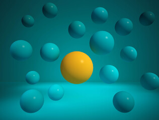 3D rendering.Outstanding yellow ball distant blure ball .minimall concept.