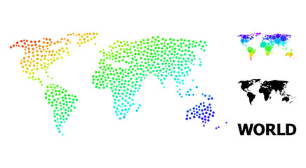 Pixelated rainbow gradient, and solid map of world, and black name. Vector model is created from map of world with spheres. Collage is useful for geographic purposes. Colored gradient map of world,
