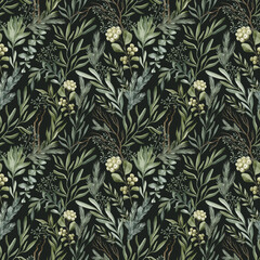 Watercolor seamless pattern with winter leaves, branches, pine, berries. Delicate floral background. Hand drawn botanical print with christmas foliage	