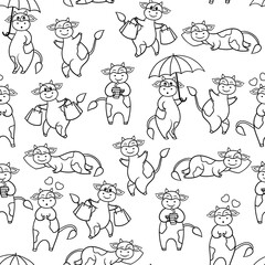 Seamless pattern with funny cow, coloring page