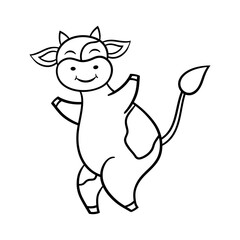 Coloring page with a fun cartoon dancing cow, the symbol of 2021