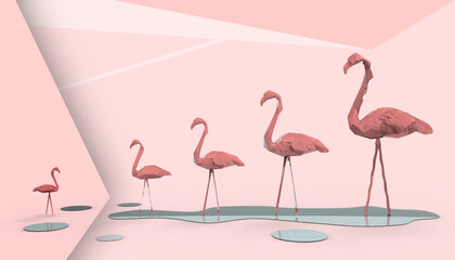 Creative summer beach and holidays Concept pink  Flamingo with holidays on pink background - 3d rendering
