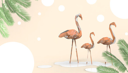 Creative summer beach and holidays with Flamingo Concept and leaf on Yellow background - 3d rendering