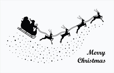 Obraz premium Santa Claus flying with reindeer on stars and snow silhouette. Merry Christmas banner. Cartoon style. Vector Illustration.