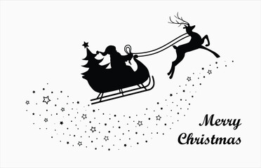 Santa Claus flying with reindeer on stars and snow silhouette. Merry Christmas banner. Cartoon style.  Vector Illustration.