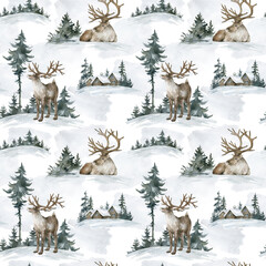 Watercolor seamless pattern with white deer, arctic fox, landscape, houses. Wildlife nature elements, animals, trees for children's textile, wallpaper, covers. Winter aesthetic