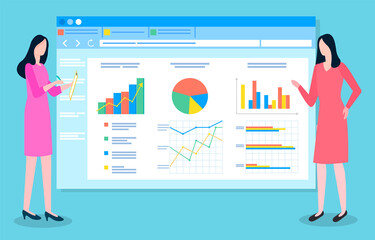 Teamwork concept. Development of a plan how to attract a customers. Woman office workers communicate, collaboration and discussion graphical business report with data charts and graphs on web page