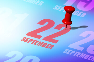 september 22nd. Day 22 of month, Red date written and pinned on a calendar to remind you an important event or possibility. autumn month, day of the year concept