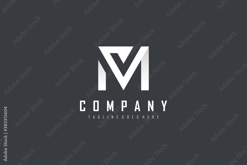 Poster initial letter v and m linked logo. white geometric shape origami style isolated on black background