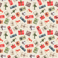 Fototapeta na wymiar Watercolor seamless pattern with christmas gifts. New year illustration, winter wrapping paper. Holiday season. Festive present, package with ribbon. Birthday surprise. Colorful gift box