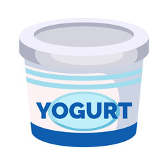 Yogurt vector icon. Jar with a milk drink isolated on white background. White container with blue stripes. Dairy natural product organic food, dairy drink. Healthy lifestyle and nutrition, baby food