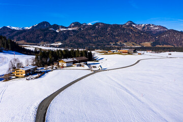 Aerial view, view of farms in the Leukental, Kössen, Kaiserwinkl, Kitzbuehel district, Chiemgau, Tyrol, Austria