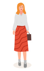 Attractive young woman in elegant office clothes red skirt and white blouse walking with small bag in hand. Girl blonde with long hair front view isolated character in flat design cartoon style