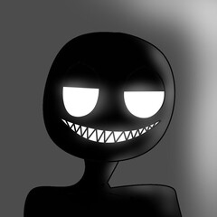 The image is an avatar of a scary little man with glowing eyes and a sinister smile