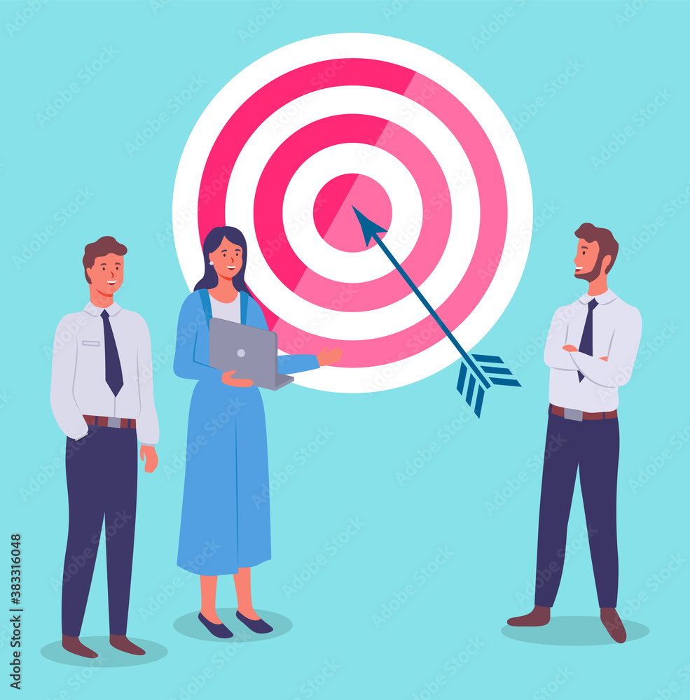 Poster target with arrow in bullseye, business teamwork. team of workers dealing with setting goals. people