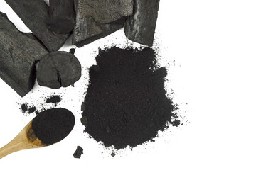 Activated charcoal powder on white background