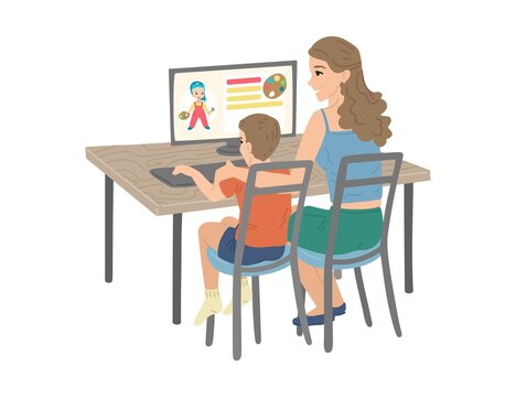 Mom studying with her child, online lessons, distance education on the Internet. Vector drawing