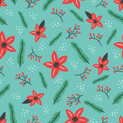 Christmas floral seamless pattern with flower, leaf, berries. Hand drawn style illustration. Winter holiday background for wallpaper, textile, fabric design.