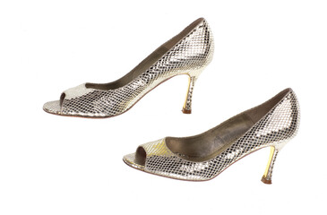 Obraz premium silver high-heeled shoes isolated on white background