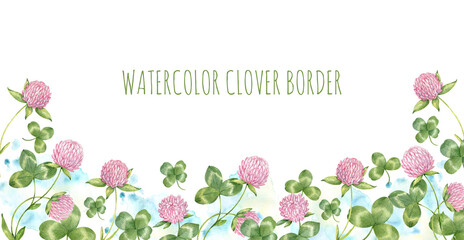 Watercolor clover border. Floral banner with pink clover flowers and leaves. Pink clover on a white background watercolor illustration