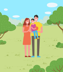 Friendly family walking in the park summer time. People playing ball toy have fun. Smiling young parents and baby on a walk together in garden. Father holding a child. Happy family portrait outdoor