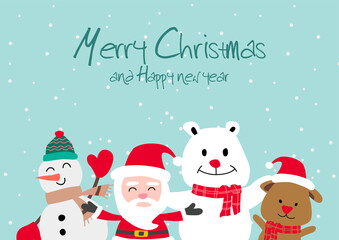 Fototapeta na wymiar Santa snowman polar bear and puppy, festival of happiness of everybody