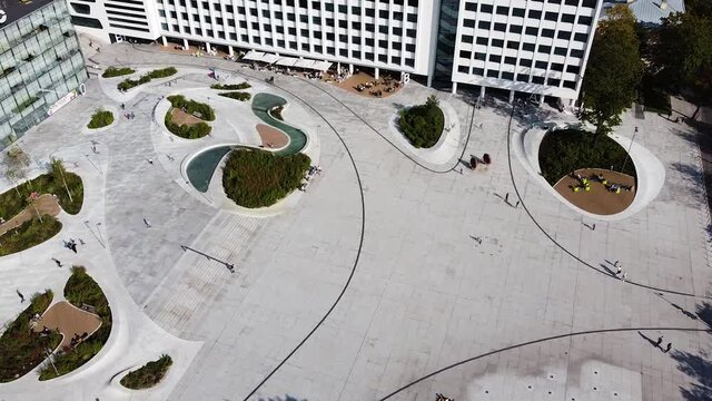 Aerial birds eye view of renovated Unity Square (Renovuota vienybės aik&scaron;tė) with tiny small people walking on