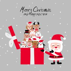 santa cluas unboxes Christmas present that contains animals and sign of Xmas with Christmas invitation card design