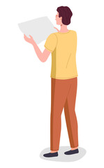 Young man working in typography at print to printer. Concept employee character holding a sheet of paper. Vector illustration print house worker isolated on white, a male person back view