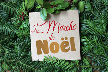 Le marché de Noël ! Affiche sur branche de sapin de noël, achat de Noël.