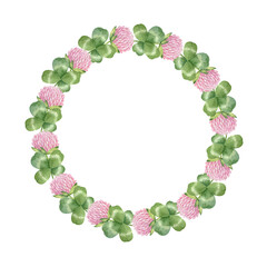 Watercolor circle frame with clover flowers and leaves. Botanical wreath of the meadow pink clover. Trefoil illustration isolated on the white background. Blossom, herbarium plant. Herbal set.