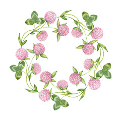 Watercolor pink clover isolated on the white background. Cute wreath with shamrock. Illustration of meadow flowers. 