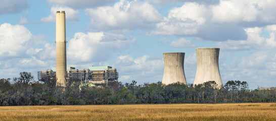 Two cooling towers and a nuclear power generating plant at the St Johns River power park, near...