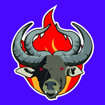 Evil buffalo with four horn and fire at the back logo icon isolated on purple background makes this logo very attractive. This logo is more suitable to be applied to the sport or e-sport logo.