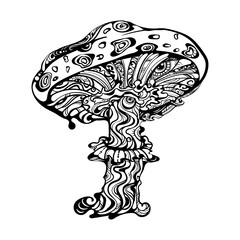 Psychedelic magic glowing mushroom. Goa trance music, hanging out, shindig, going out, the gang, rave, get together, culture. Hippie. Hashish. 60s