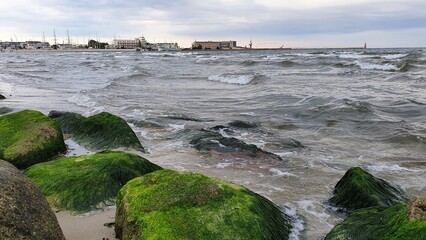 Sea on a windy autumn day in the city of Gdynia, Poland