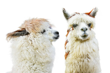 Alpaca whispering at another Alpaca's ear against white background. This has clipping path. It is South American camelid southern Peru western Bolivia, Ecuador, and northern Chile