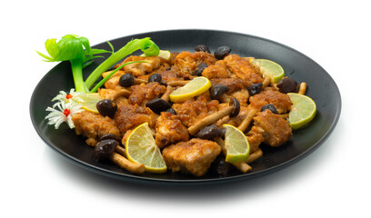 Stir Fried Chicken with yanagi mushroom and Lemon brown sauce Japanese Food
