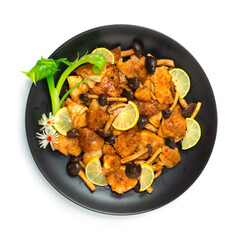 Stir Fried Chicken with yanagi mushroom and Lemon brown sauce Japanese Food