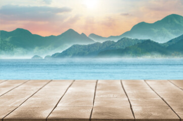 empty wooden table top surface with mountain lake water and cloud sky montage photo for...