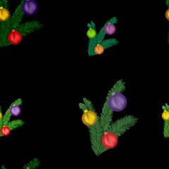 Watercolor Christmas tree branches with colorful balls on black background. Seamless pattern. Holidays, winter, kids print, packaging, wallpaper, textile design
