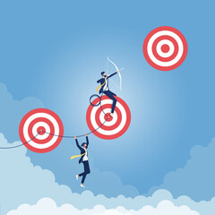 Reaching Higher Targets Concept-Businessman aiming for top goal, Reaching Higher Targets Concept, Excellent businessman taking aim on a high risk target