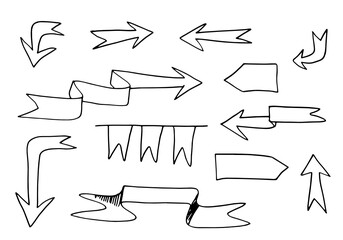 Set of arrow and ribbons doodle on white background.