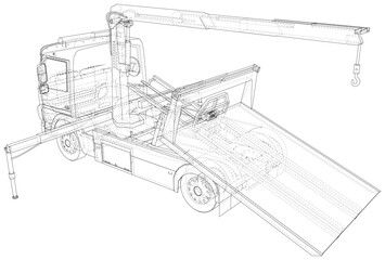 Roadside assistance tow truck illustration car vector. Isolated Wire-frame of breakdown lorry. Wire-frame line isolated. Vector rendering of 3d.