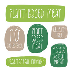 Plant-based meat sticker lettering set. No cholesterol,vegetarian-friendly,100 percent vegan, cruelty free vector labels