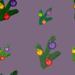 Watercolor Christmas tree branches with colorful balls on purple background. Seamless pattern. Holidays, winter, kids print, packaging, wallpaper, textile design
