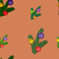 Christmas tree branches with colorful balls on red background. Seamless pattern. Holidays, winter, kids print, packaging, wallpaper, textile design