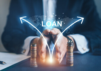 Businessman separates stack coins. 
International creditor legal services.
International loan...