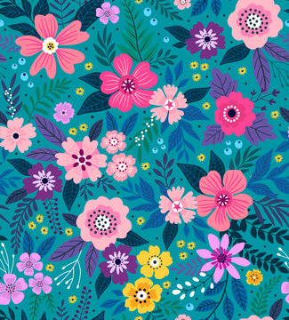 Fototapeta Trendy seamless vector floral pattern. Seamless print made of small multicolored flowers. Summer and spring motifs. Black background. Vector illustration.